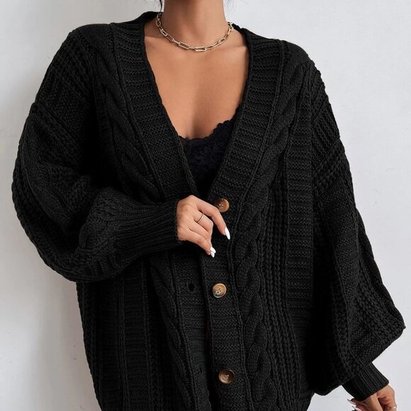 Black Casual Womens Solid Button Front Cable Knit Cardigan - Picture 4 of 5